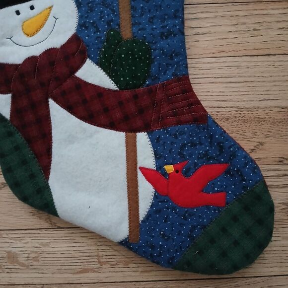 Quilt Christmas Stocking with Snowman Birdhouse Cardinals Holiday Decoration - Picture 5 of 6
